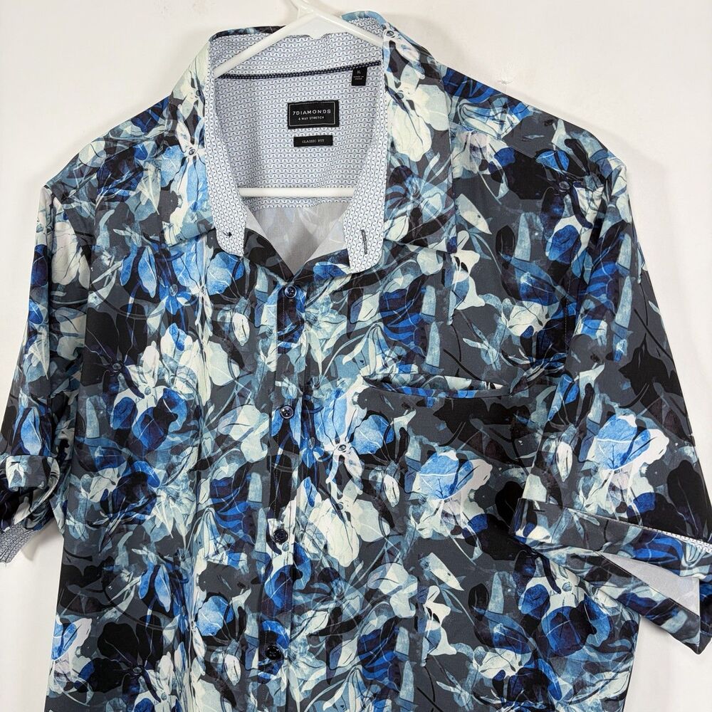 7 DIAMONDS 4 Way Stretch Short Sleeve Button Up Shirt Mens XL Blue Floral